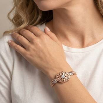 925 Sterling Silver Rose Gold Floral CZ Bracelet for Women | Two Tone Cubic Zirconia Designer Bangle Jewelry 2