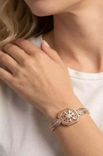 925 Sterling Silver Rose Gold Floral CZ Bracelet for Women | Two Tone Cubic Zirconia Designer Bangle Jewelry