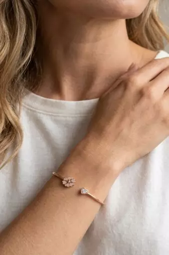 925 Sterling Silver Rose Gold Clover CZ Open Cuff Bracelet for Women | Cubic Zirconia Floral Bangle Jewelry