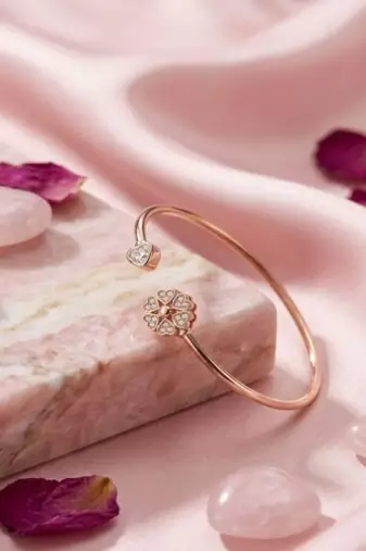 925 Sterling Silver Rose Gold Clover CZ Open Cuff Bracelet for Women | Cubic Zirconia Floral Bangle Jewelry
