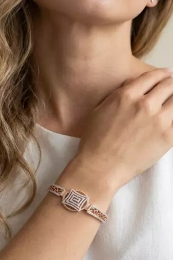 925 Sterling Silver Rose Gold Geometric CZ Bracelet for Women | Two Tone Cubic Zirconia Designer Bangle Jewelry