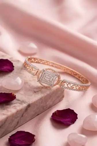 925 Sterling Silver Rose Gold Geometric CZ Bracelet for Women | Two Tone Cubic Zirconia Designer Bangle Jewelry
