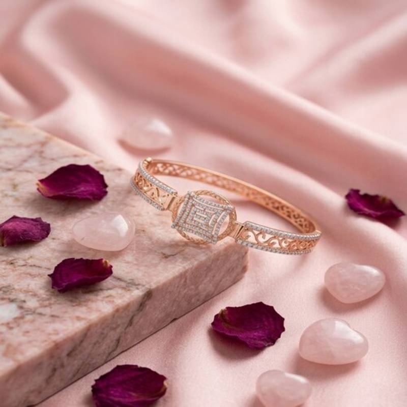 925 Sterling Silver Rose Gold Geometric CZ Bracelet for Women | Two Tone Cubic Zirconia Designer Bangle Jewelry