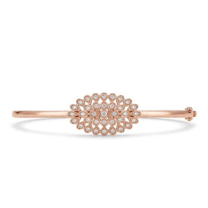 925 Sterling Silver Rose Gold Floral CZ Bangle Bracelet for Women | Cubic Zirconia Flower Designer Jewelry