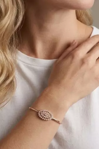 925 Sterling Silver Rose Gold Floral CZ Bangle Bracelet for Women | Cubic Zirconia Flower Designer Jewelry