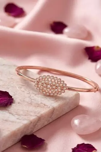 925 Sterling Silver Rose Gold Floral CZ Bangle Bracelet for Women | Cubic Zirconia Flower Designer Jewelry