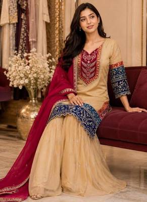 Beige silk blend embroidered sharara set 3