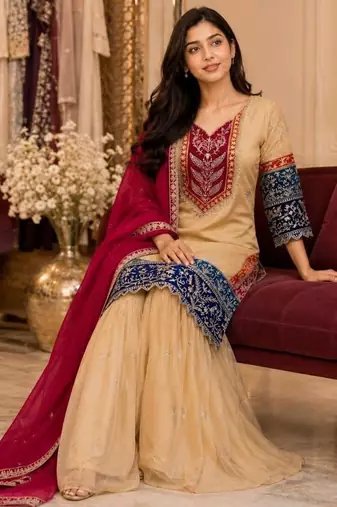 Beige silk blend embroidered sharara set
