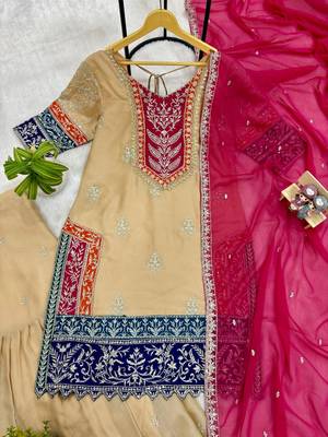 Beige silk blend embroidered sharara set 4