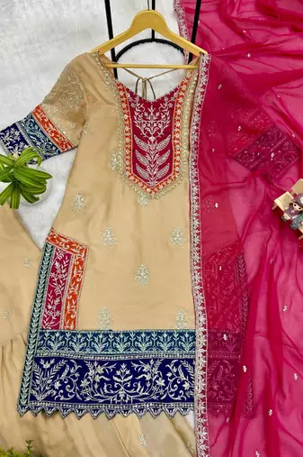 Beige silk blend embroidered sharara set