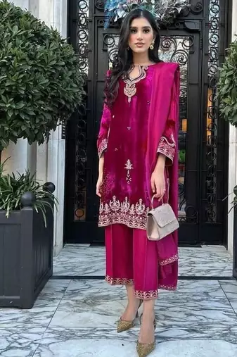 Pink velvet embroidered palazzo set
