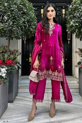 Pink velvet embroidered palazzo set