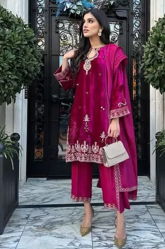 Pink velvet embroidered palazzo set