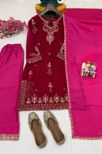 Pink velvet embroidered palazzo set