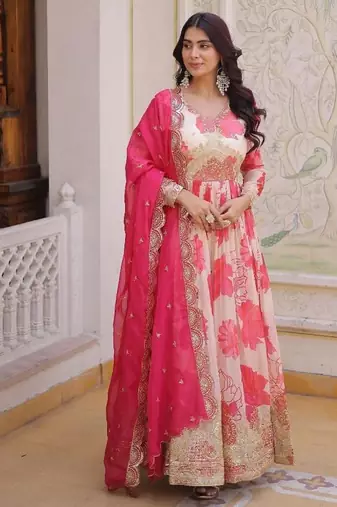 Pink silk blend printed flared gown set
