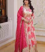 Pink silk blend printed flared gown set