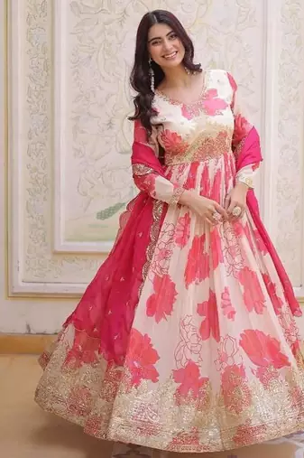 Pink silk blend printed flared gown set