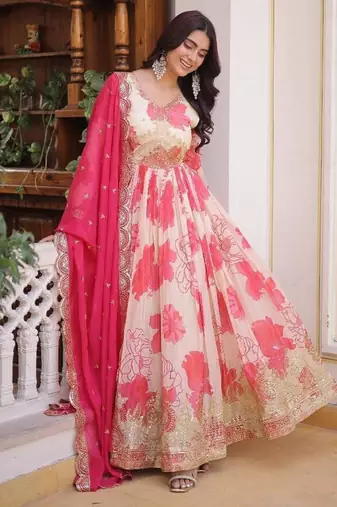 Pink silk blend printed flared gown set
