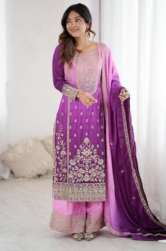 Purple silk blend embroidered salwar kameez
