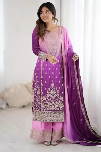Purple silk blend embroidered salwar kameez