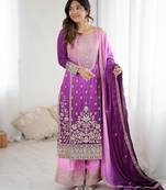 Purple silk blend embroidered salwar kameez