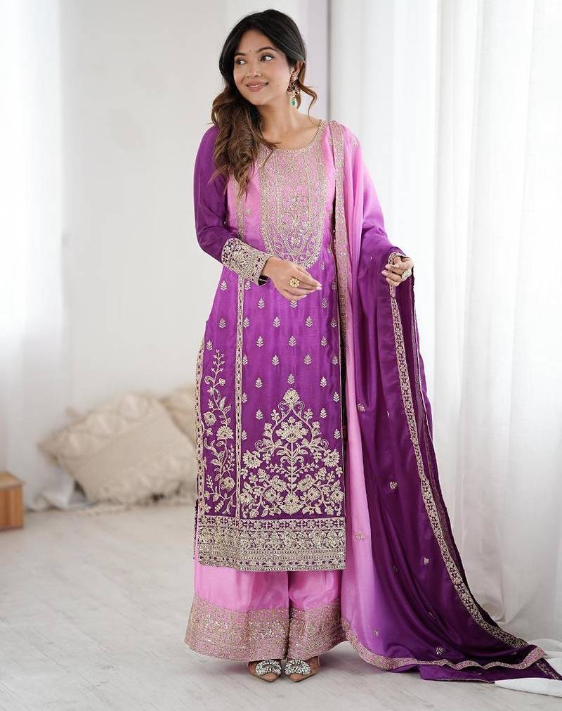 Purple silk blend embroidered salwar kameez