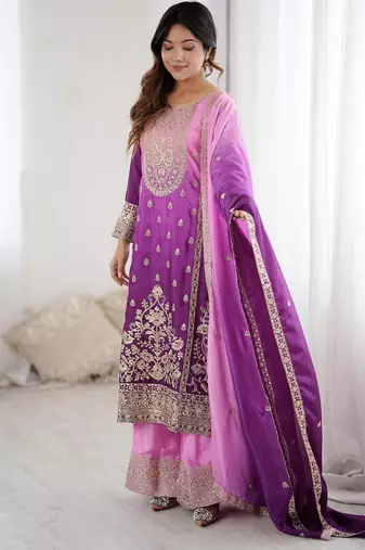Purple silk blend embroidered salwar kameez