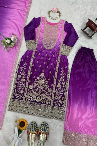 Purple silk blend embroidered salwar kameez