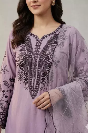 Lavender cotton poly embroidered kurta set