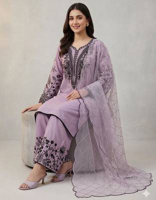 Lavender cotton poly embroidered kurta set 3