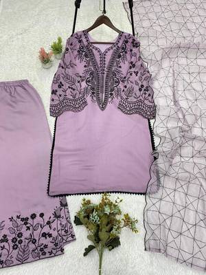 Lavender cotton poly embroidered kurta set 4