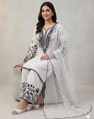 White cotton poly embroidered kurta set 2