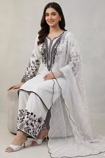 White cotton poly embroidered kurta set
