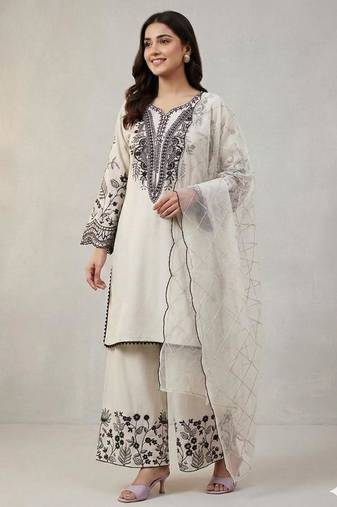 White cotton poly embroidered kurta set