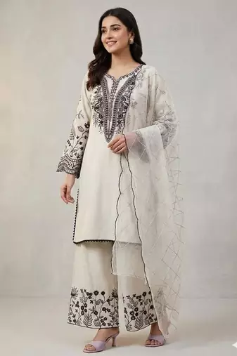 White cotton poly embroidered kurta set