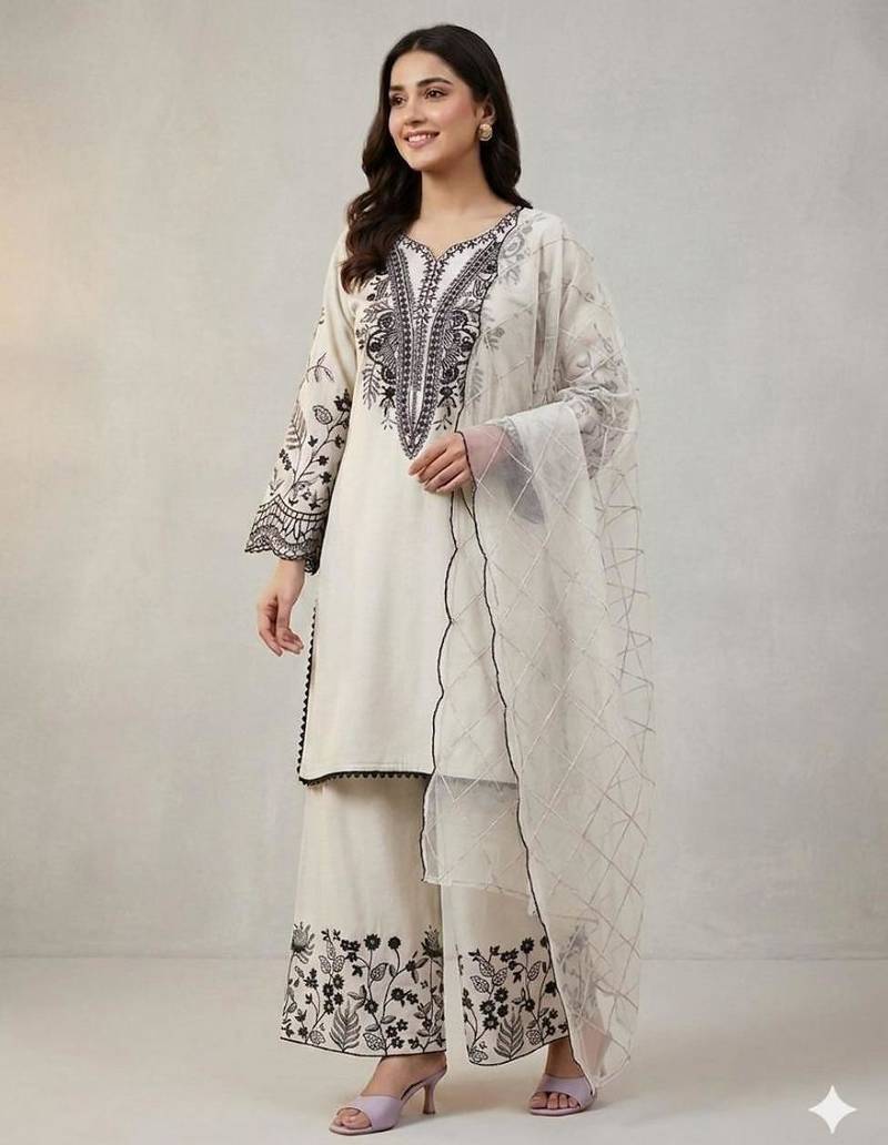 White cotton poly embroidered kurta set