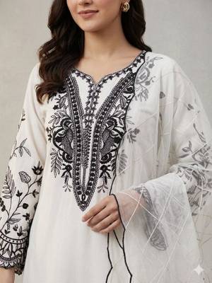 White cotton poly embroidered kurta set 3