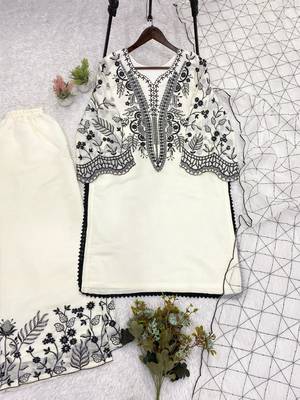 White cotton poly embroidered kurta set 4