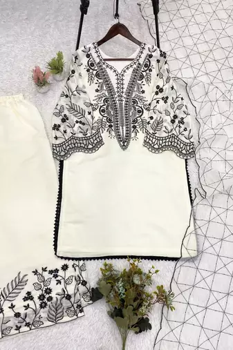 White cotton poly embroidered kurta set