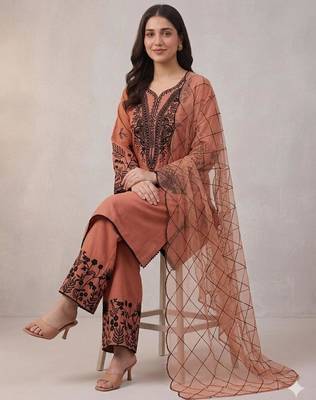 Peach cotton poly embroidered kurta set 2