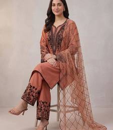Peach cotton poly embroidered kurta set