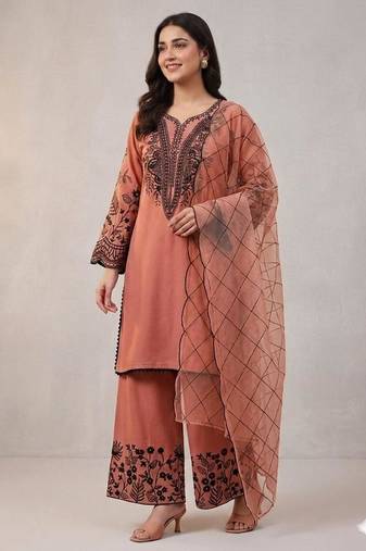 Peach cotton poly embroidered kurta set