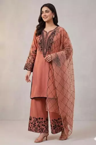 Peach cotton poly embroidered kurta set