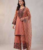 Peach cotton poly embroidered kurta set