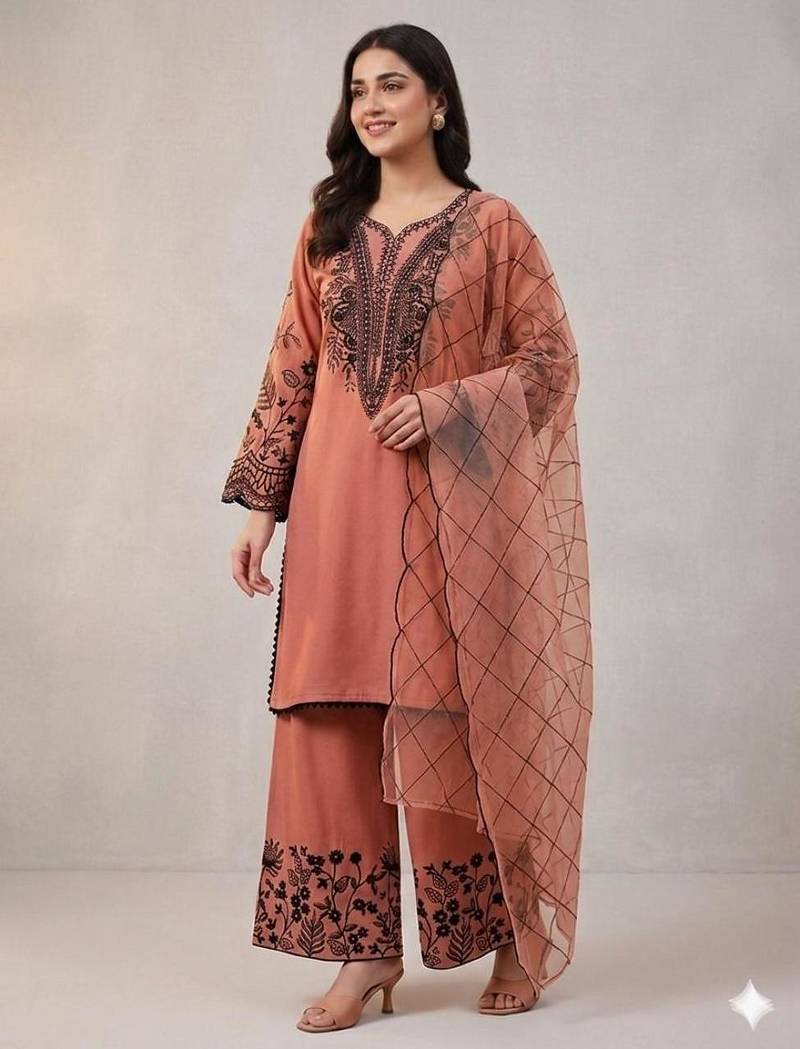 Peach cotton poly embroidered kurta set