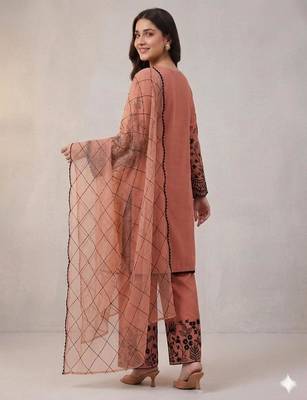 Peach cotton poly embroidered kurta set 3