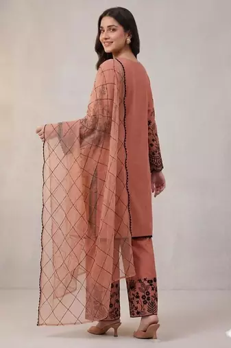 Peach cotton poly embroidered kurta set