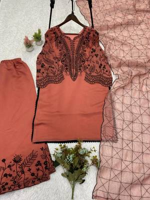Peach cotton poly embroidered kurta set 4