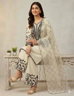 Beige cotton poly embroidered kurta set 2