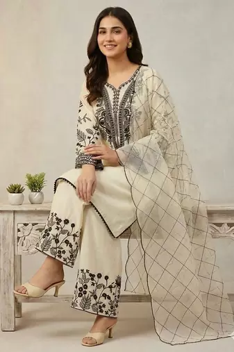 Beige cotton poly embroidered kurta set